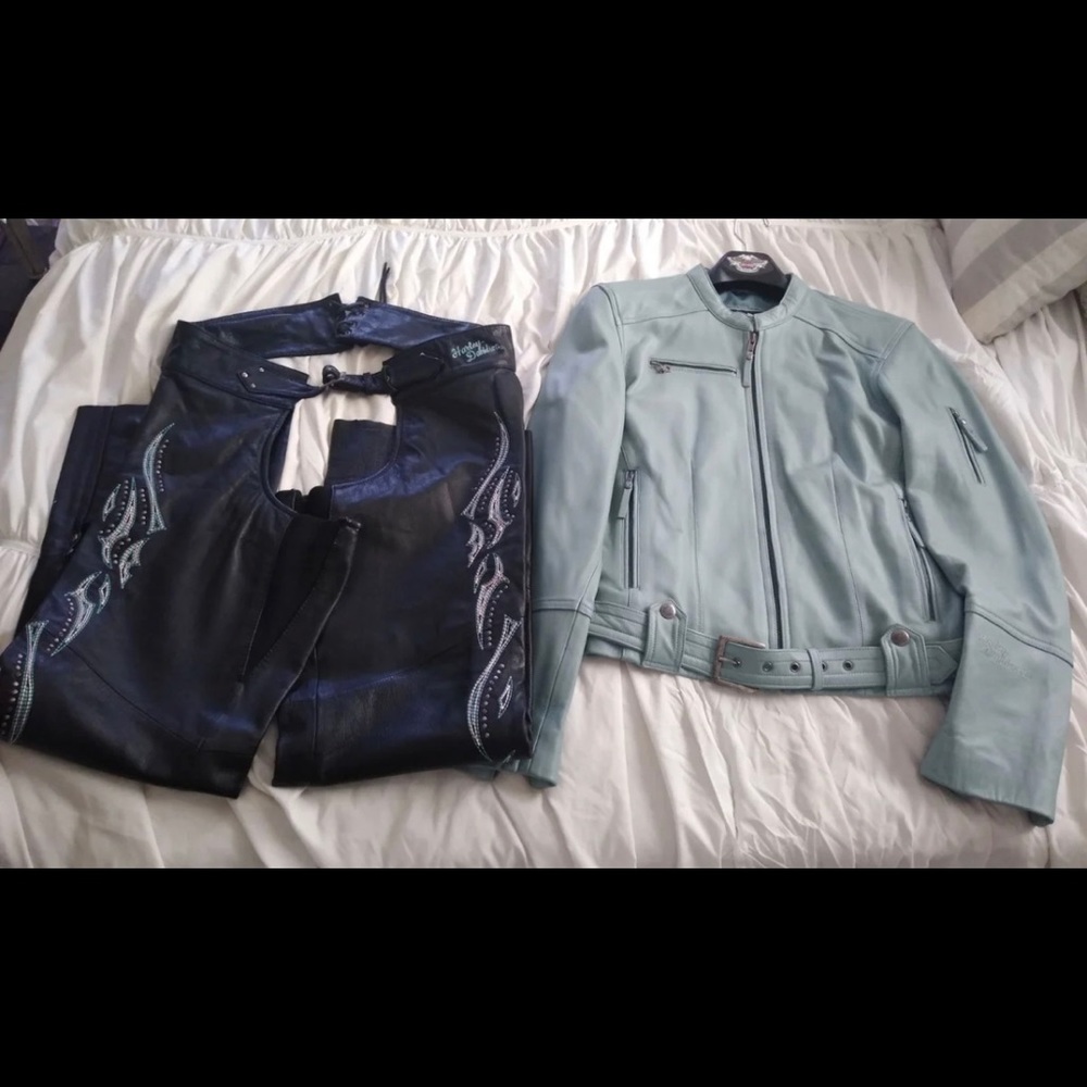 Harley Davidson leather jacket matching chaps.